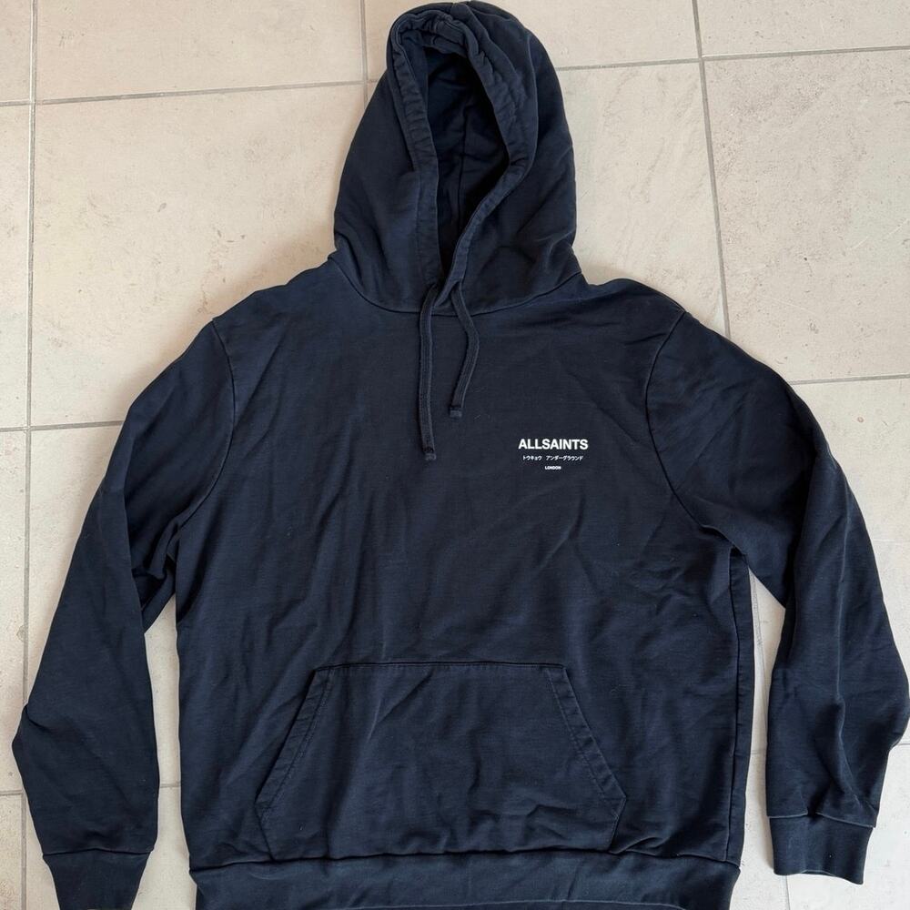 AllSaints Black Hoodie XL Back Logo Tokyo Underground London Pullover Sweatshirt